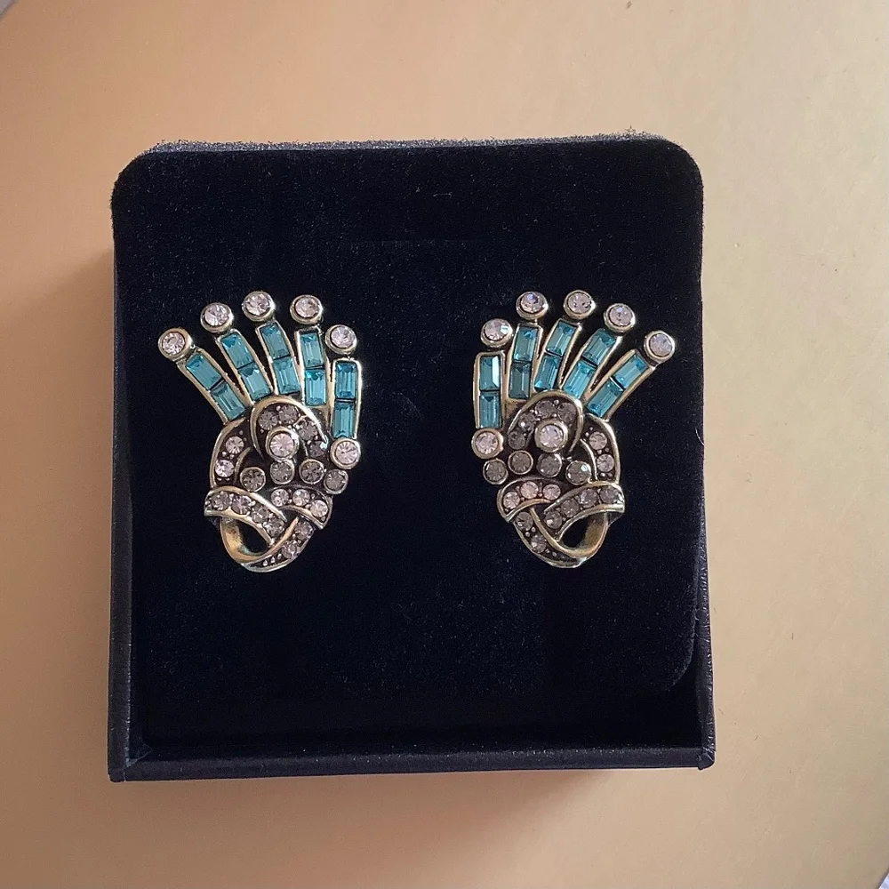 HEIDI DAUS Crystal Hue Persuasion Button Art Deco Earrings Turquoise Omega Backs